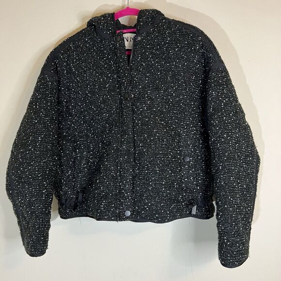 Zara Tweed Full Zip Hooded Jacket Black White Size USA/EUR Small Pockets Lined - Picture 1 of 6